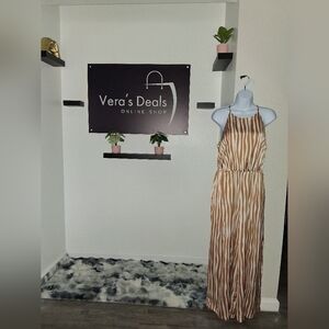 Blu Pepper Caramel Abstract Stripe Halter Neck Belted Jumpsuit